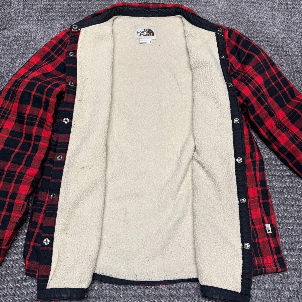 The North‎ Face Mens M Red Black Plaid Flannel Shirt Jacket Sherpa Lined Snap
